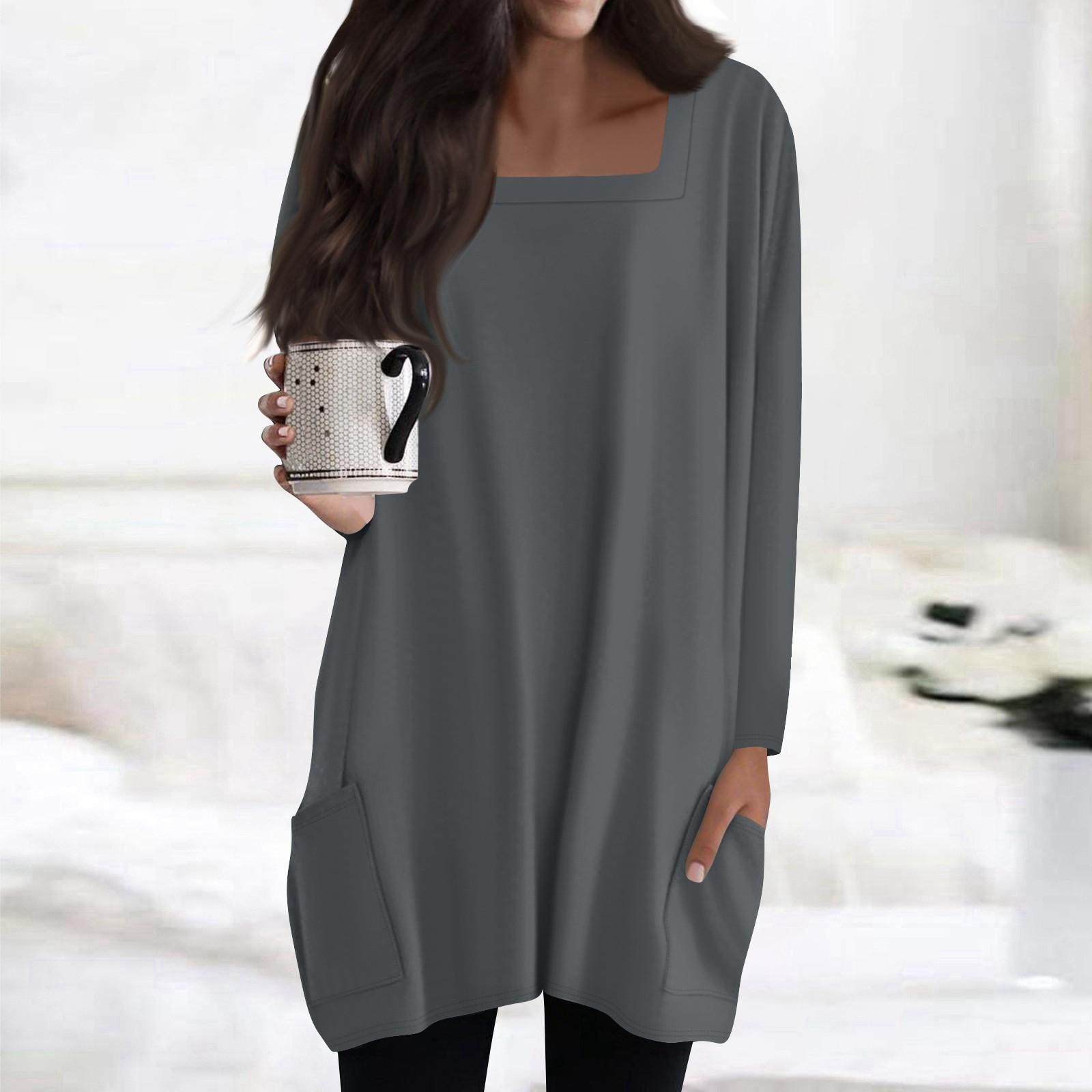 

Женские топы с квадратным вырезом и длинными рукавами, повседневные блузки средней длины, модные туники с принтом и карманами L