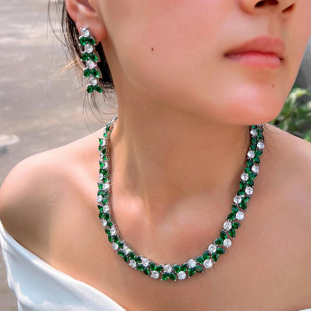 Zircons Gorgeous Shiny Green White Cubic Zirconia Earrings Necklace Sets for Women Wedding Evening Party Dress Jewelry T0981