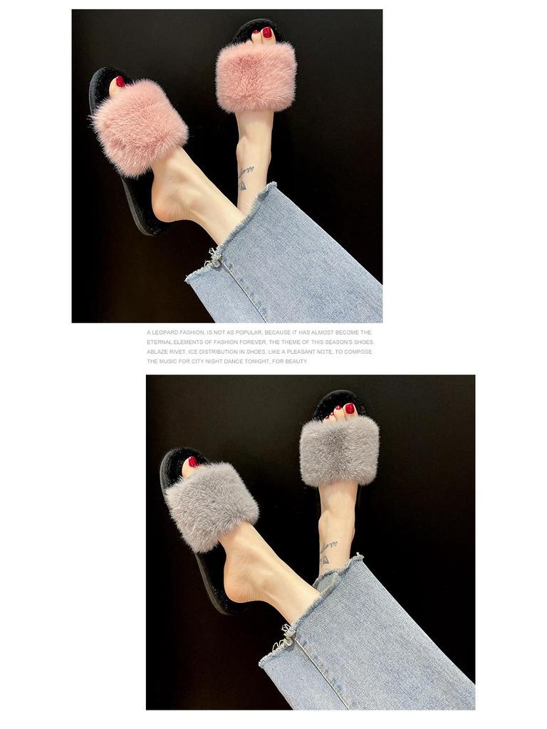 Dames Pluizige Konijnenbont Open Teen Pantoffels - Effen Kleur, Casual Huisstijl
