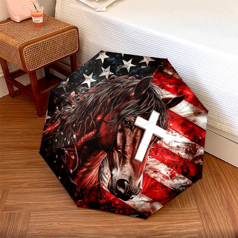 

1 PC Automatic Folding Umbrella - Flag Horse Pattern, Portable & Foldable Design with 8 Ribs, Christmas Birthday Gifts