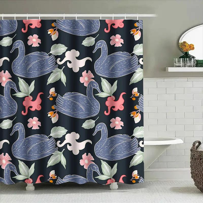 Swan Blue Shower Curtain Floral Pattern Decorative Fabric Waterproof Home Bathroom Accessory