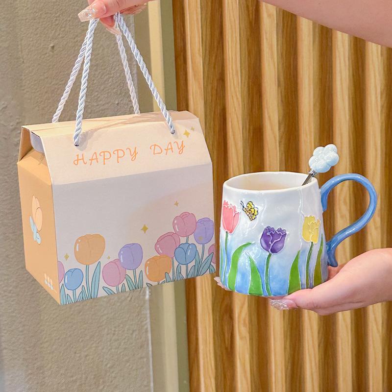 Birthday Gift for Girls, Hand-painted Tulips, Ceramic Mugs, Girlfriends' Practical Cups, Souvenir Gift Box.