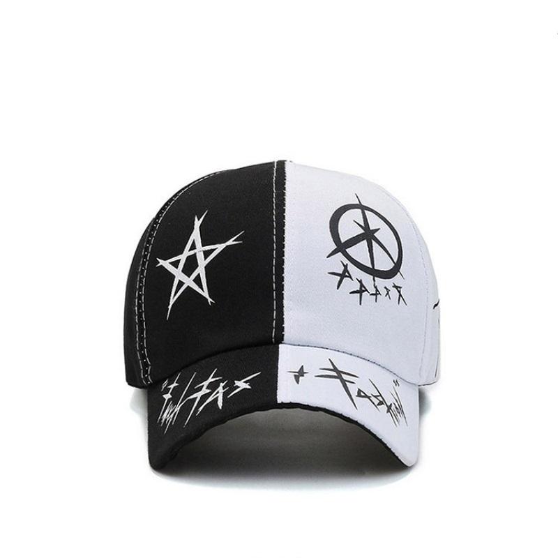 Korean-Style Baseball Cap With Patchwork Print Trendy Street Style Sunshade Black White Color-Blocking Duckbill Cap