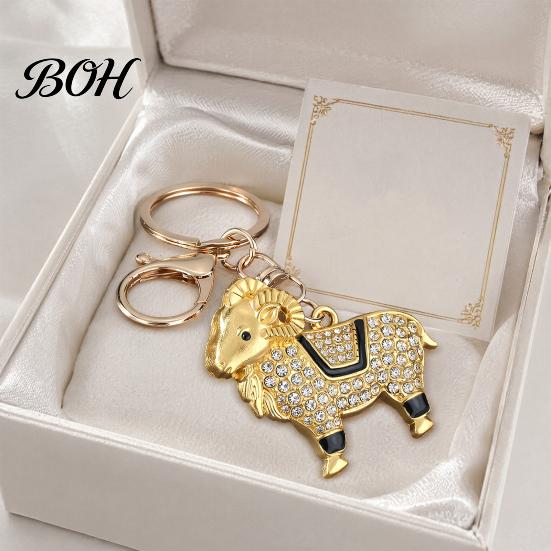 Wear-resistant Keyring Zodiac Keychain with Rhinestones, Sheep Design Bag Pendant, Chinese New Year Lucky Rhinestones Inlaid Key Charm, Feng