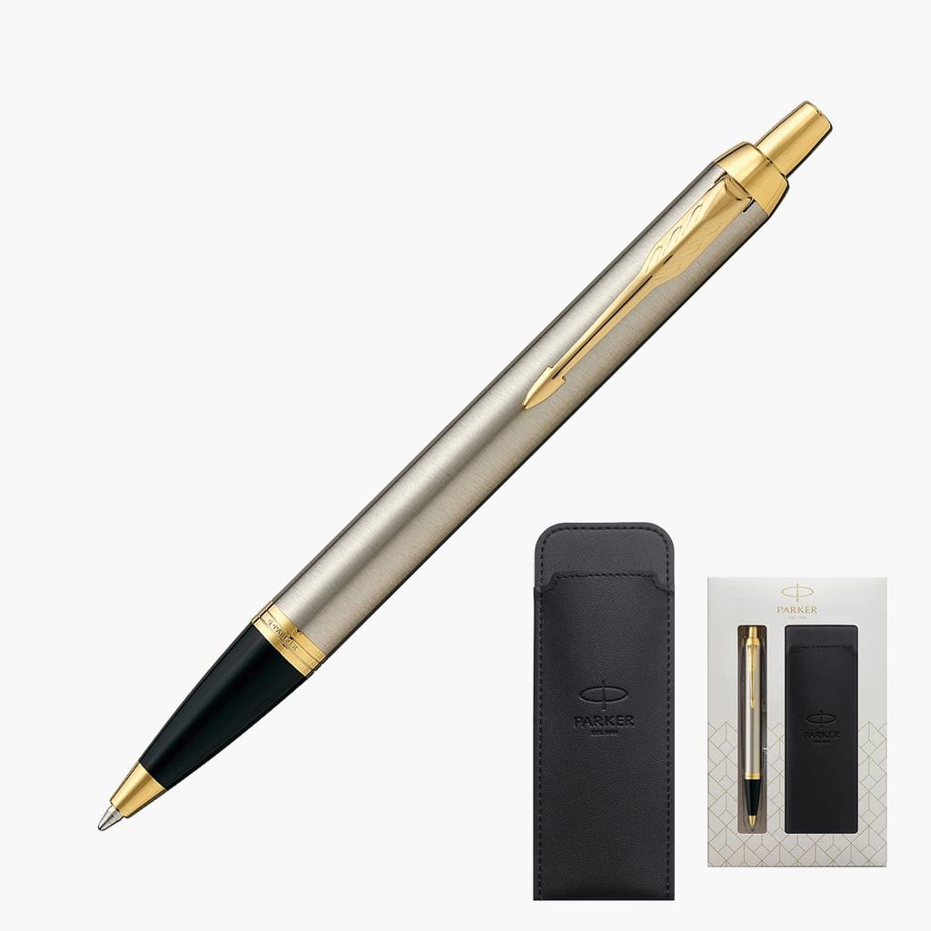 PARKER IM Brushed Metal GT Ballpoint Pen, Medium Nib, Oil-Based, with Pencil Case, Gift Box Set, Officially Imported, 1975642 V1d