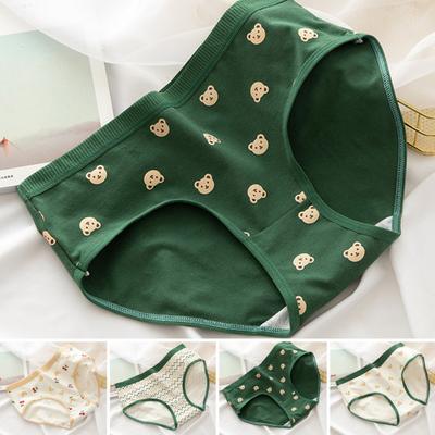 Japanese Style Teenage Girls Panties Cute Bear Pattern Green Cotton Crotch Briefs Mid-rise Cartoon Student Underpants