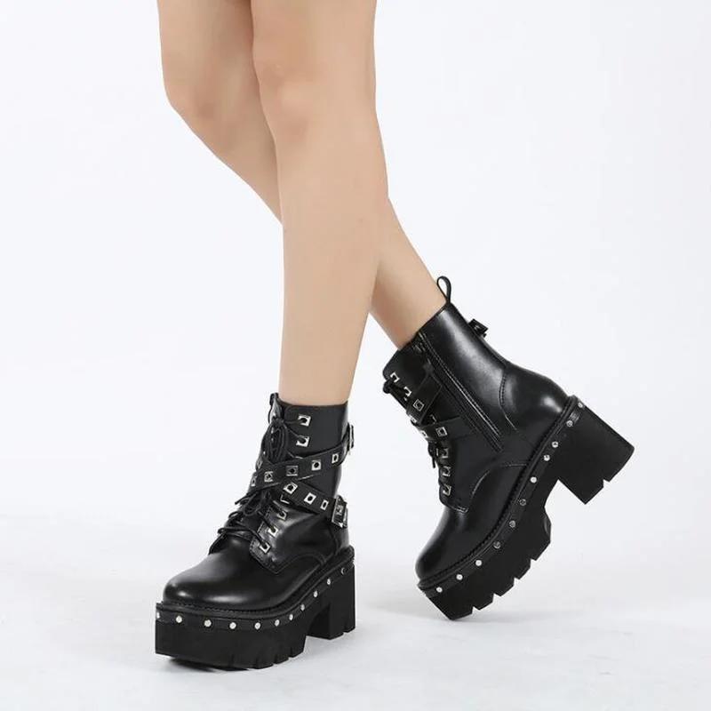 Fashion Punk Platform Women Ankle Boots Women's Motorcycle Boot Fashion Ladies Chunky heels Platform Shoes plus big size
