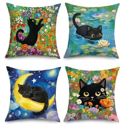 1/4 Stück Süße Schwarze Katze Kunst Kissenbezüge Blumengarten Sternennacht Seerose Kissenhüllen Kissenbezug