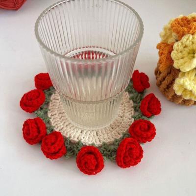 Crochet Flowers Coaster Handmade Rose Coaster Potted Flowers Decorative Rose Bouquet Coaster with Basket Gift