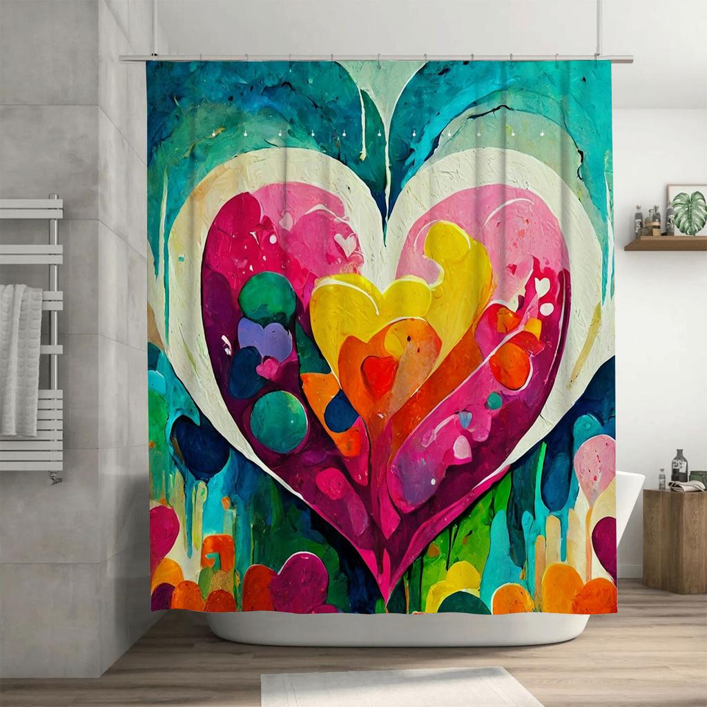 Vibrant Abstract Heart Shower Curtain - Waterproof, Mildew-Resistant, Machine Washable for Artistic Bathroom Decor