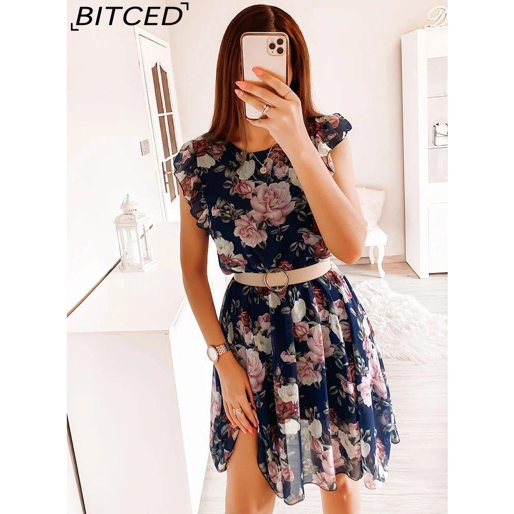 BITCED Fashion Women Casual Loose O-Neck Butterfly Sleeve Floral Print Dress