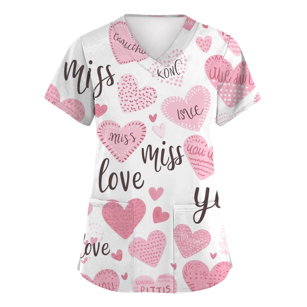 Women's Fashion Short-Sleeve Valentine's Day Print V-Neck Pocket Workwear Top