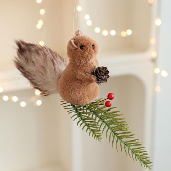 Yousheng Christmas Squirrel Ornament Foam Plush Squirrel Figurine with Pinecones Branches Furry Forest Animal Hanging Decoration for Holiday Xmas Tree