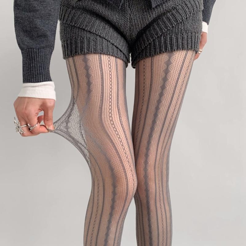 Women Sexy Hollowed Lace Solid Pantyhose Stockings Vintage Rhombus Striped Geometric Jacquard Fishnet Tights Leggings