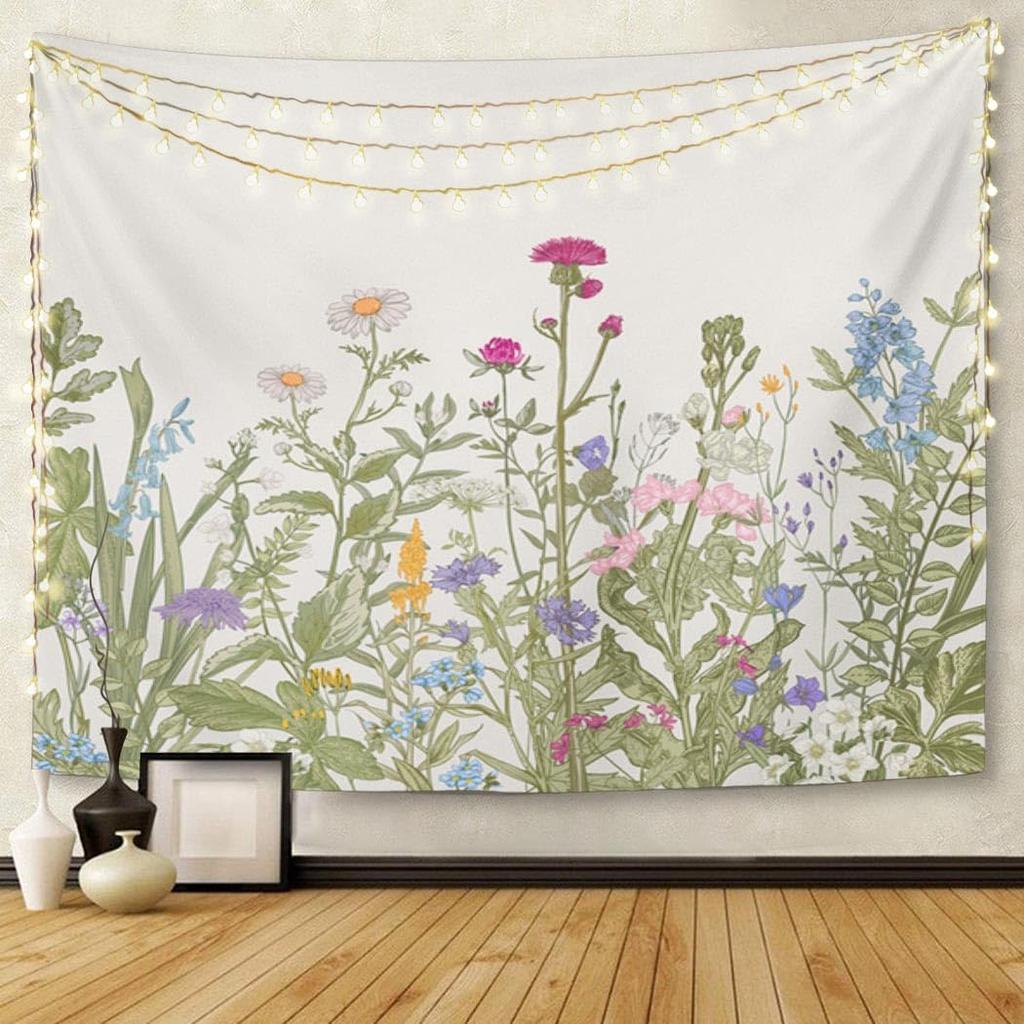 Tapestry Vintage Floral Border Herbs Wild Flowers Botanical Engraving Style Colorful Field Vegetation Home Decor Wall Hanging
