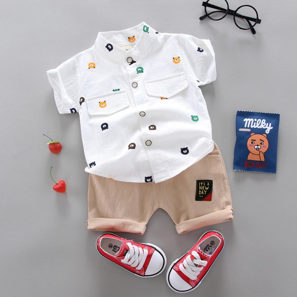 Summer Printed Pyramid Shirt Short Sleeved Shorts Set for Male and Female Infants and Young Children