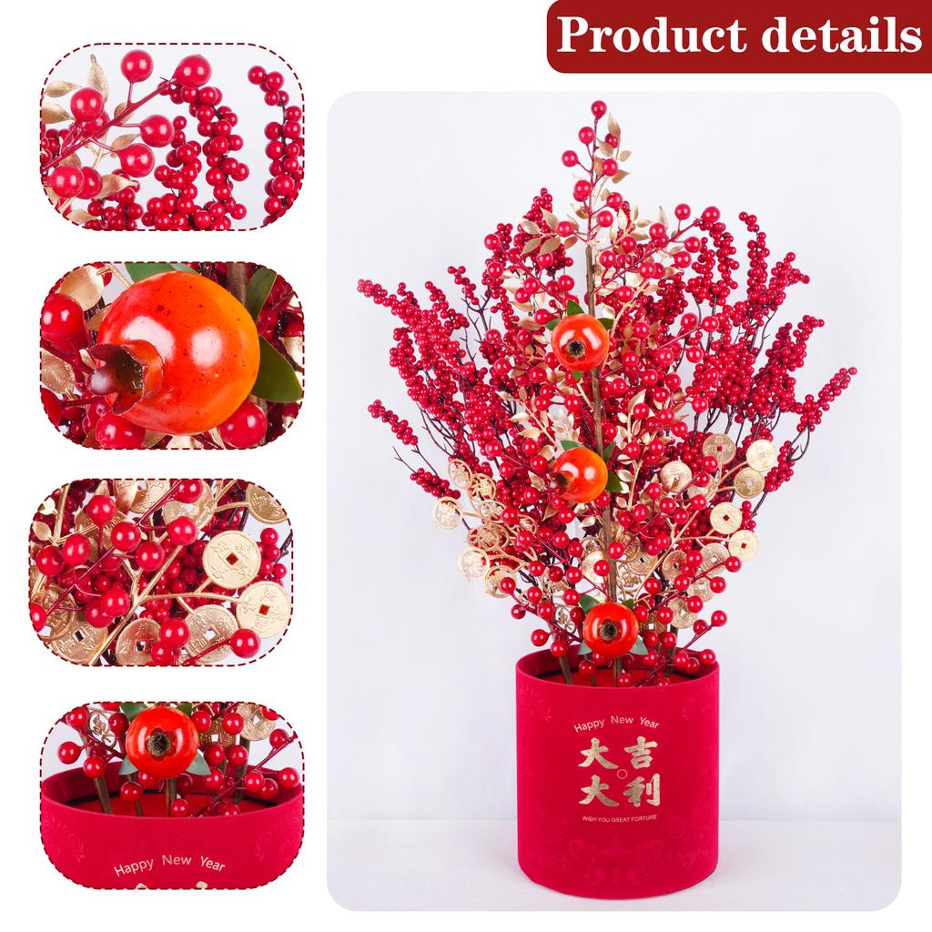 Uflower Lunar New Year Artificial flowers 2026 New Year Artificial Red Fruit Berry Pot Wedding Party Home Room Decorations