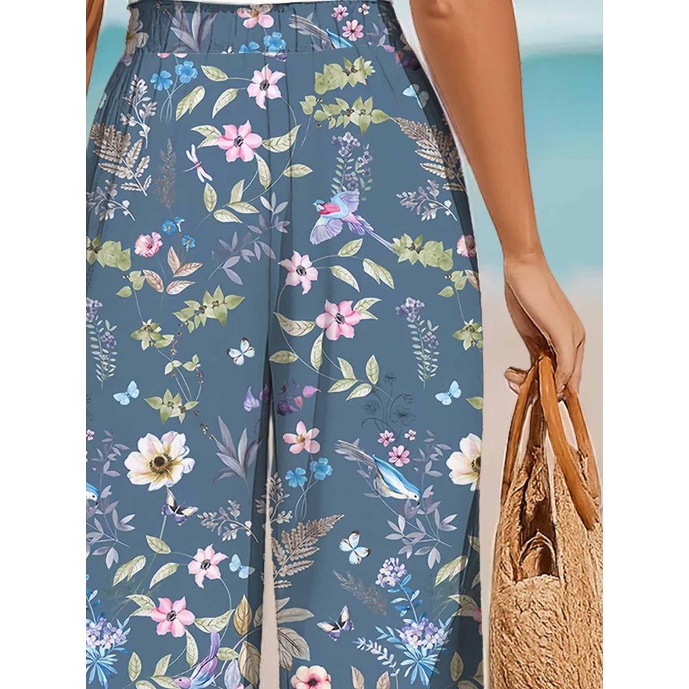 Women's Bohemian Wide Leg Pants with Elastic Waist and Drawstring - Colorful Floral Pants