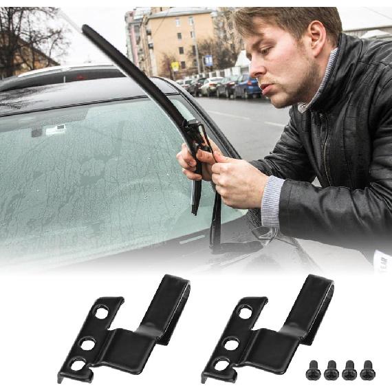 Wiper Blade Adapter, 3392390298 2 Pcs Metal Car Automotive Front Windshield Wiper Arm Adapter Mounting Kit Universal Black with Mounting Screws
