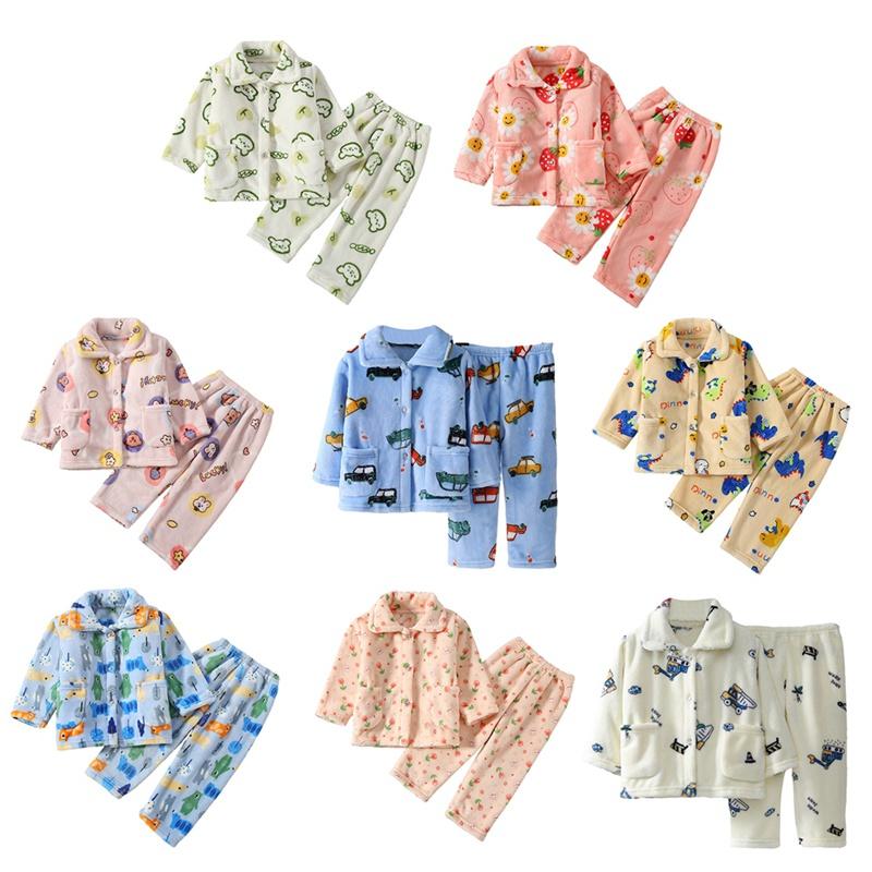 1-14 let Dětská kreslená tištěná teplá zahuštěná pyžamová souprava fleecové domácí oblečení