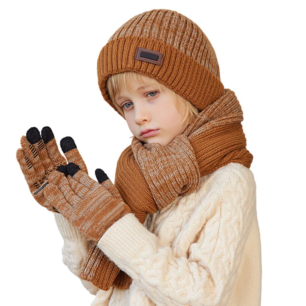 3pcs Children's Soft Knitted Hats Scarf Gloves Set Windproof Warming Kid Three Piece Set Beanie For Outdoors School Sports