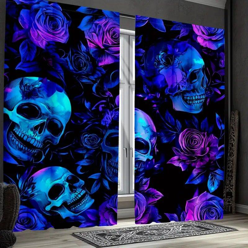 Gothic Skull Rose Pattern Printed Curtains Window Decorations Home Room Curtain Set Of 2 Made Polyester Washable