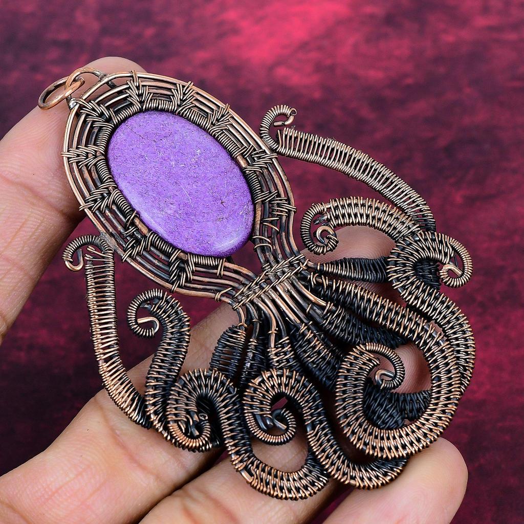 Purpurite Gemstone Pendant Copper Wire Wrapped Octopus Pendant Gifts For Women