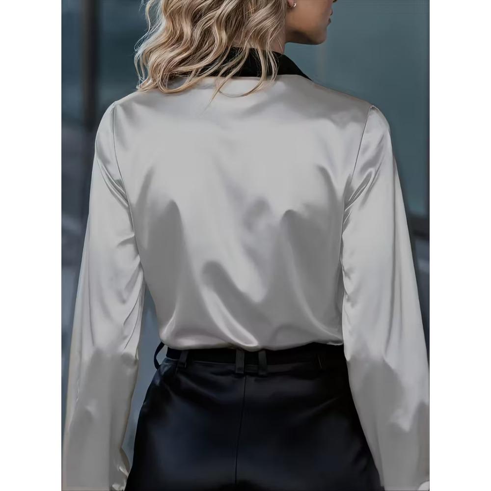 Fashionable Women’s Plain-coloured Shirt; Satin Two-tone Long-sleeved Top; Women’s Shirt