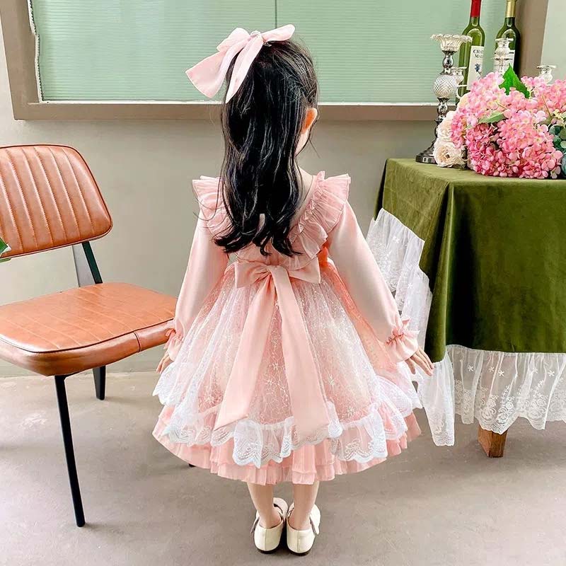 Lolita Girls Princess Dress Spring Autumn Children's Long Sleeve Pink Dress Lace Bow Decoration Sweet A-line Skirt Fairy Set