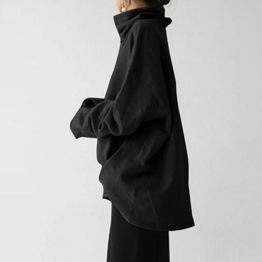 Women's Loose Casual Long Sleeve High Collar Pullover Color Pocket Sweater