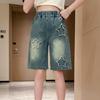 Retro Five Point Denim Shorts Loose and Tight Mid Waist Wide Legs Summer Thin Style Slimming and Loose Pants for Wearing Outside