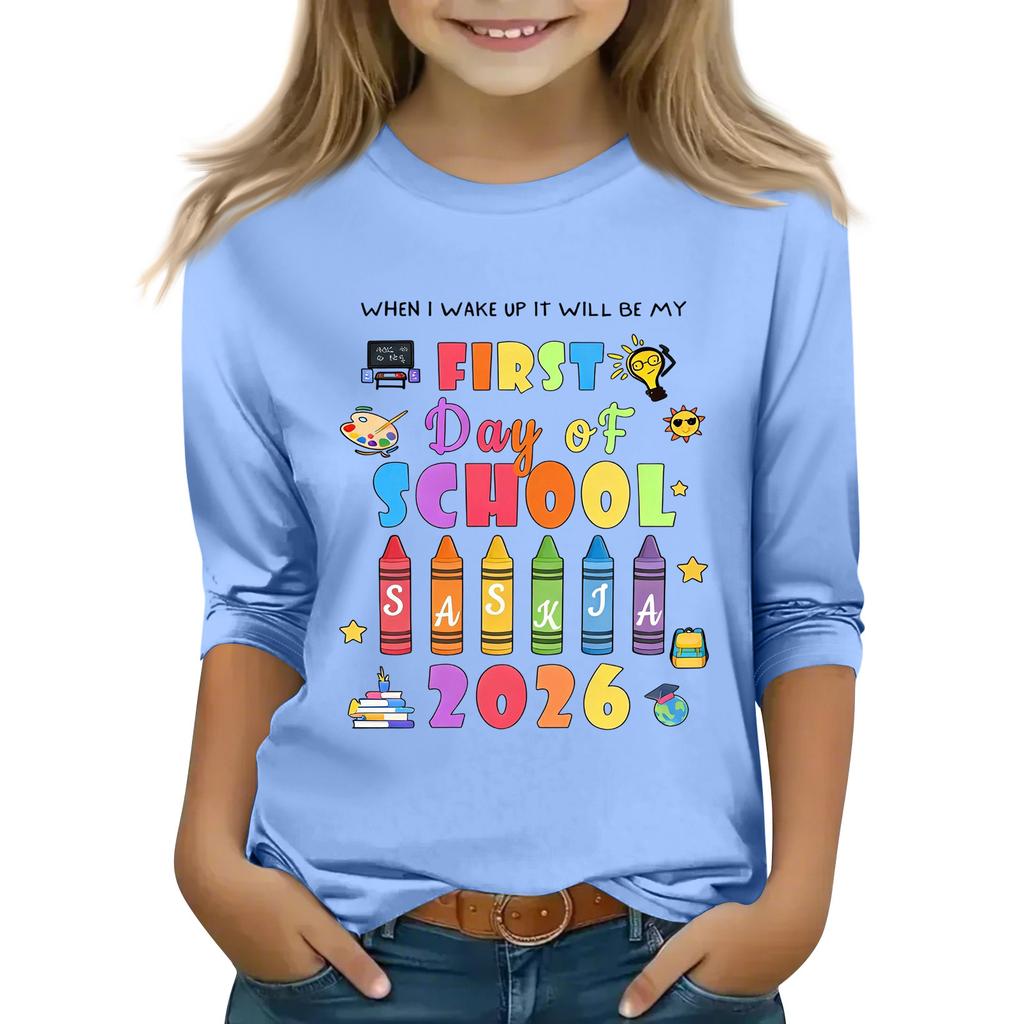 Kids Printed Three-Quarter Sleeve Round Neck Top for Back To School Casual Wear