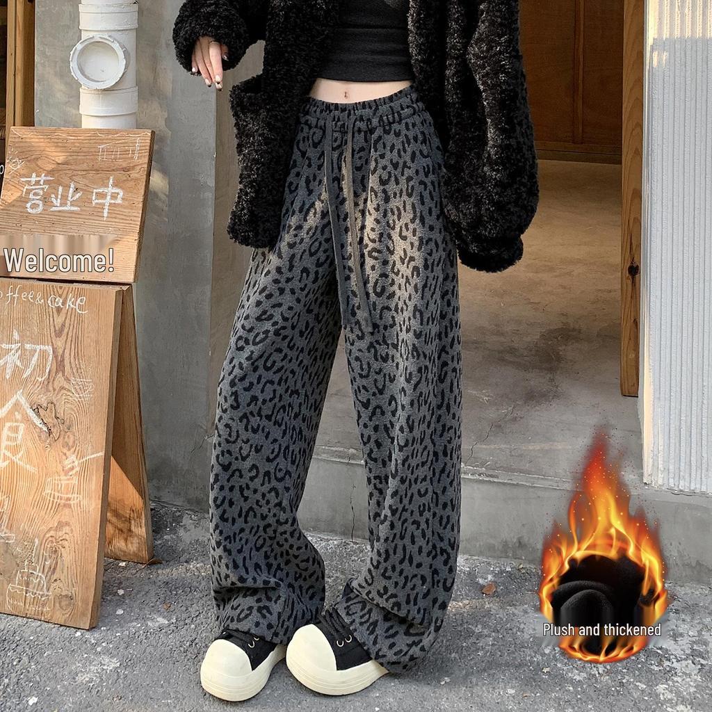 2025 A/W Women's High Waist Leopard Print Velvet Pants - Slimming Wide Leg Style