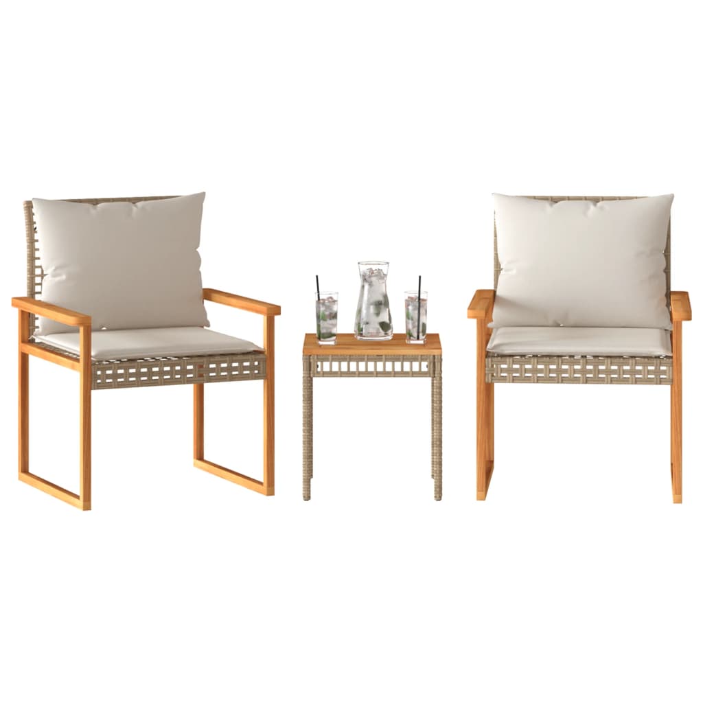 3 Piece Bistro Set with Cushions Beige Poly Rattan & Acacia Wood
