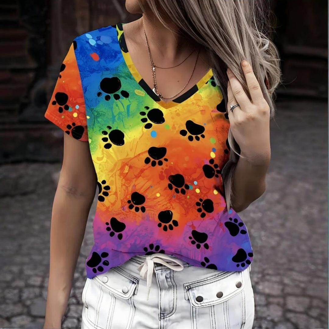 Summer Colorful Paw Print 3D Print T-shirt Women Streetwear Casual T Shirts Tops Woman Harajuku V-Neck Tees Oversized Clothing S