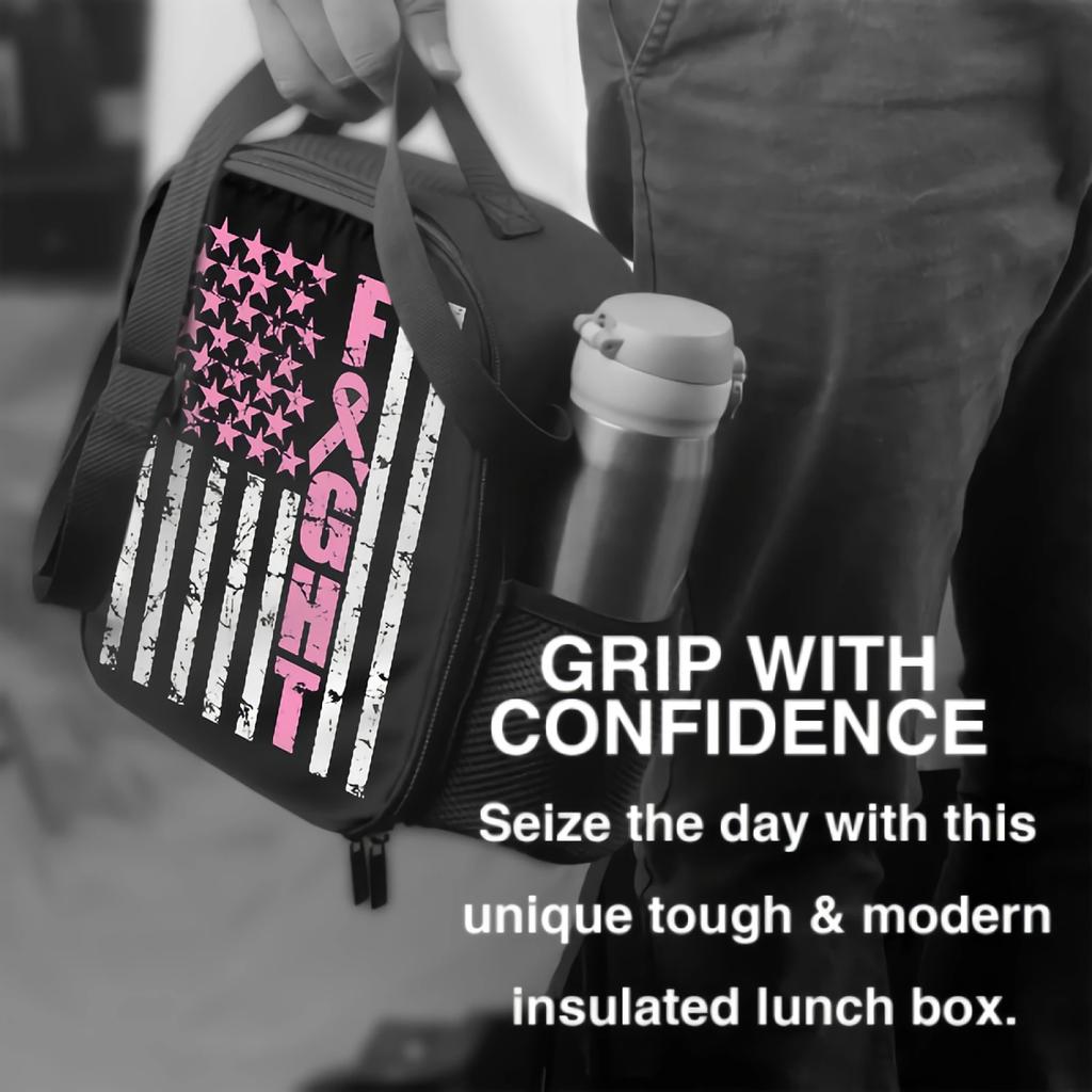 Breast Cancer Awareness Flag Lunch Bag with Adjustable Shoulder Strap Insulated Lunch Box Cooler Thermal Tote Bag for Women