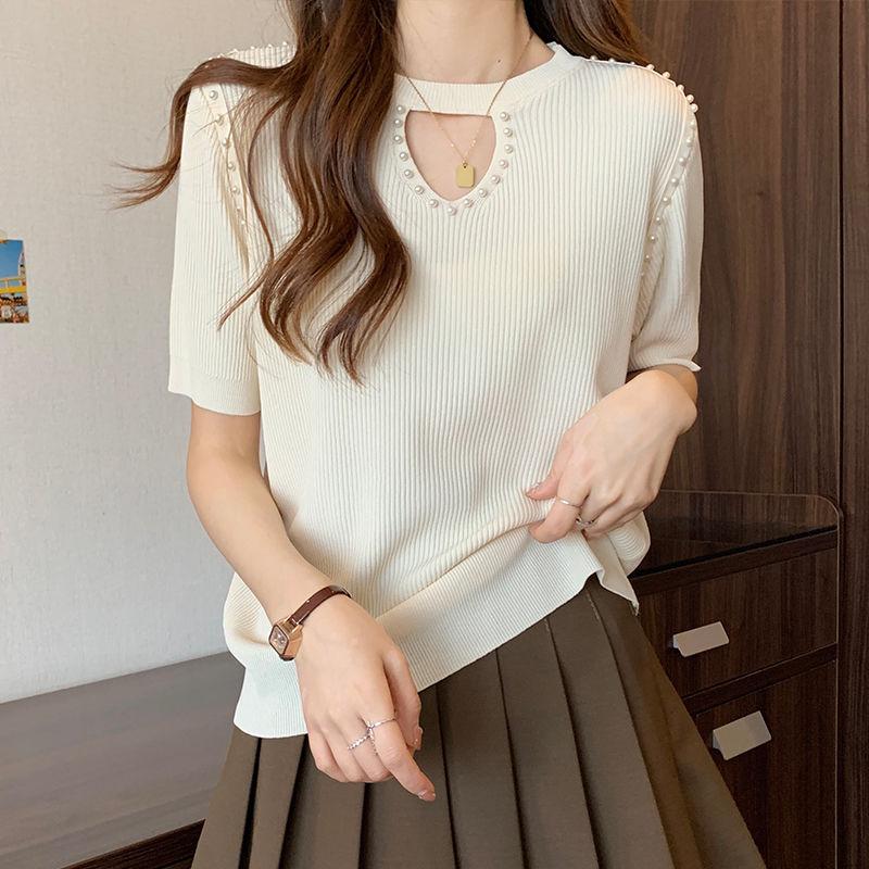 Women's Ice Silk Knitted Shirt Summer Beaded Short Sleeve T-shirt Women's Hollow Top