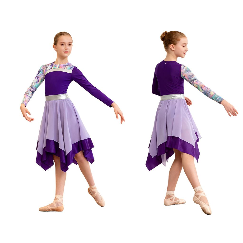 Girls Contemporary Worship Dance Dress: Long Sleeve with Invisible Zipper Back, Stylish Printed Patchwork & Color Block Irregular Hem