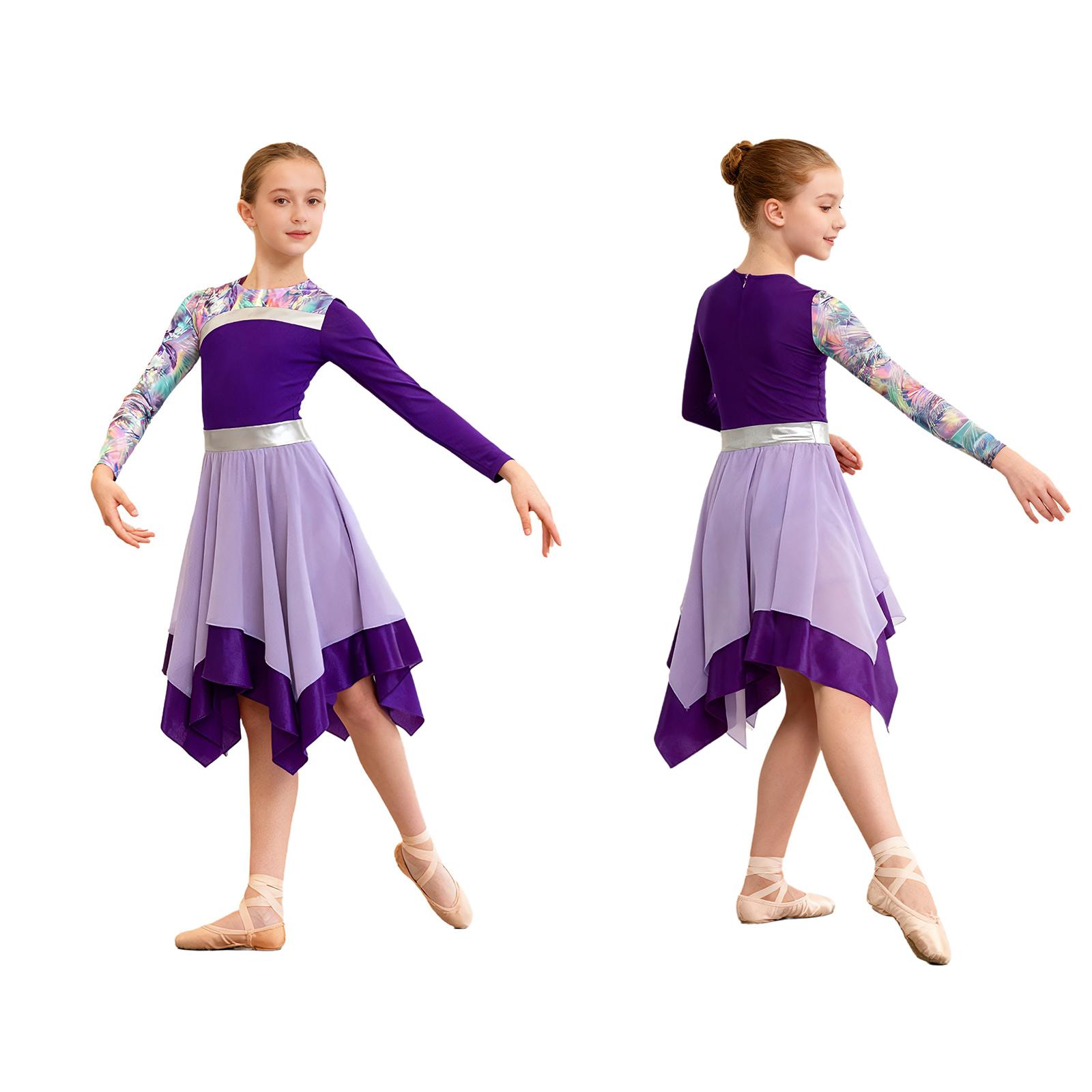 

Stylish Irregular Hem Praise Dress for Kids Girls: Long Sleeve, Color Block Printed Patchwork & Easy Hidden Back Zipper 5-6 Years