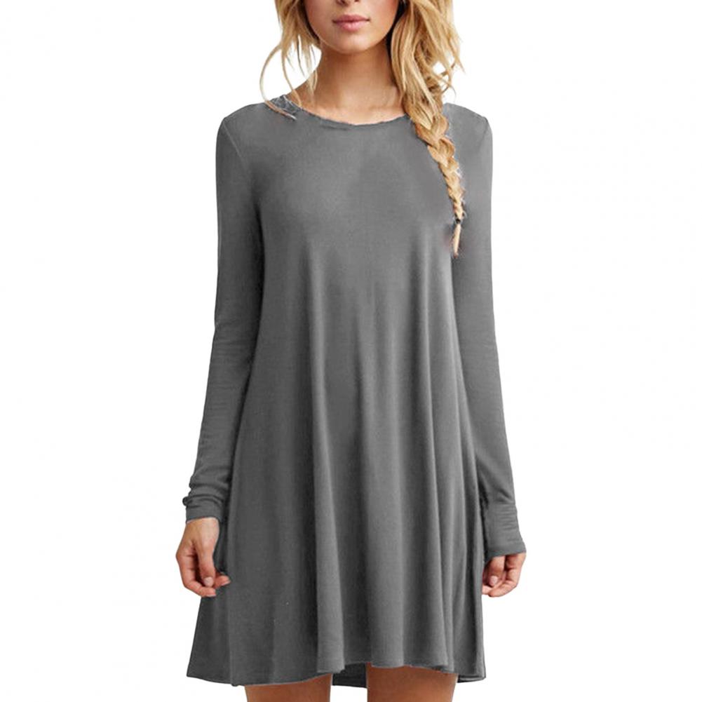 

Осенне-весеннее женское платье с круглым вырезом, свободные длинные рукава, однотонное А-силуэтное плиссированное мини-платье, повседневная одежда для школы, работы, короткое, D S серый