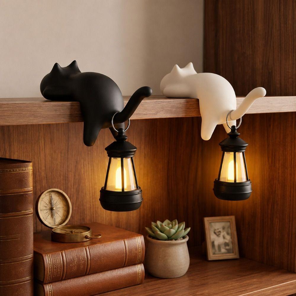 3D Printed Cat-Shaped Wall Hook Inverted Hanging Cute Wall Key Rack with Lantern Funny Wall Hanger Ornaments Desktop Decor