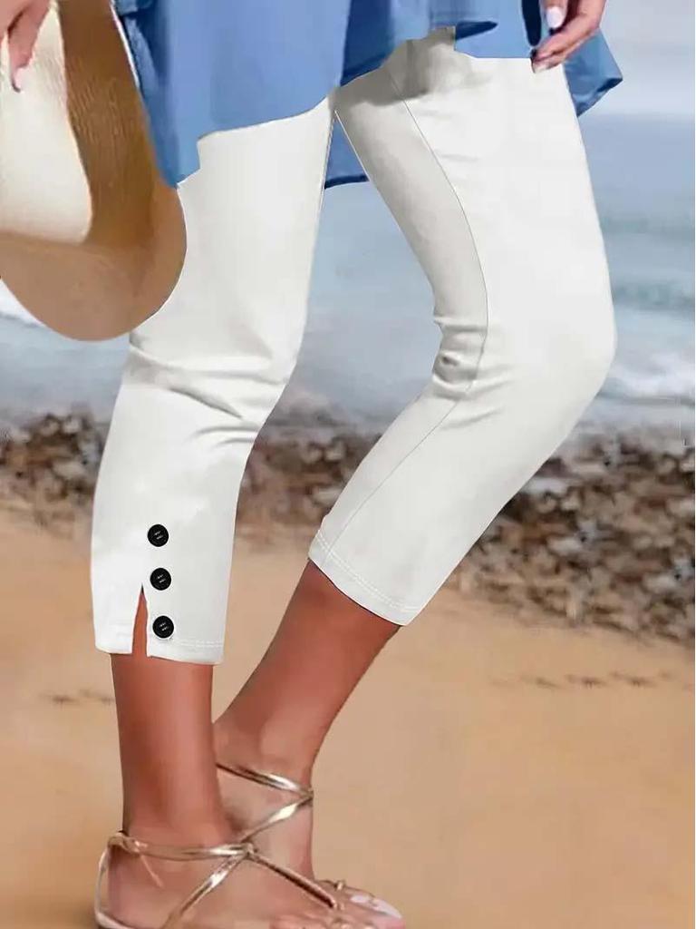 Pantaloni Capri Estivi da Donna 2025 a Vita Media Elasticizzati - Patchwork Sexy, Skinny Casual Stile Bottoni
