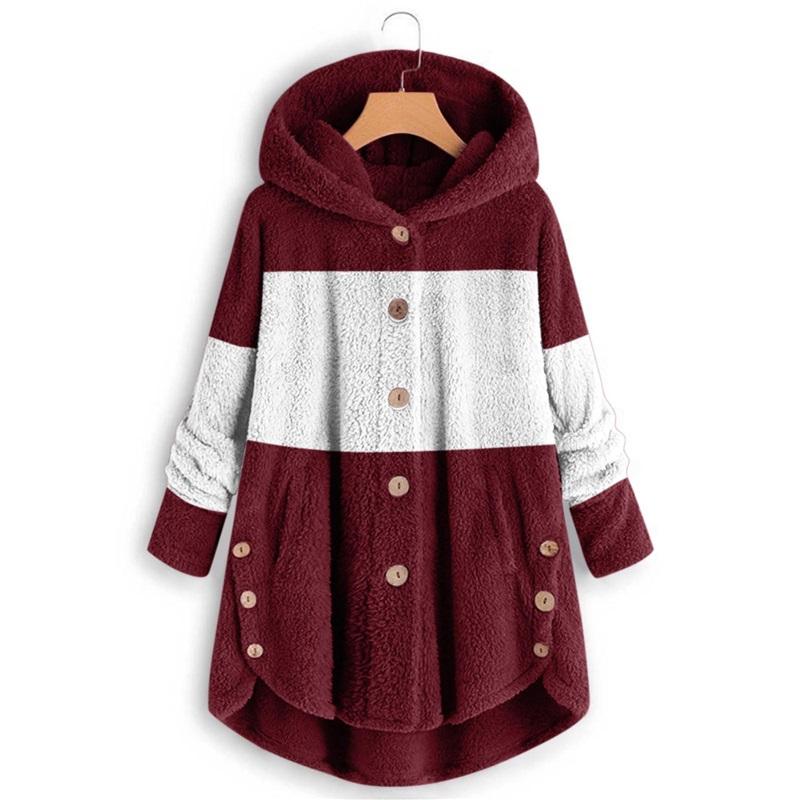 Women's Two-Tone Fleece Coat Hooded Button-Up Winter Warm Jacket