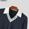 INCERUN Autumn Men Lace Lapel V Neck Long Sleeve Rib Stitching Casual Pullover Tops