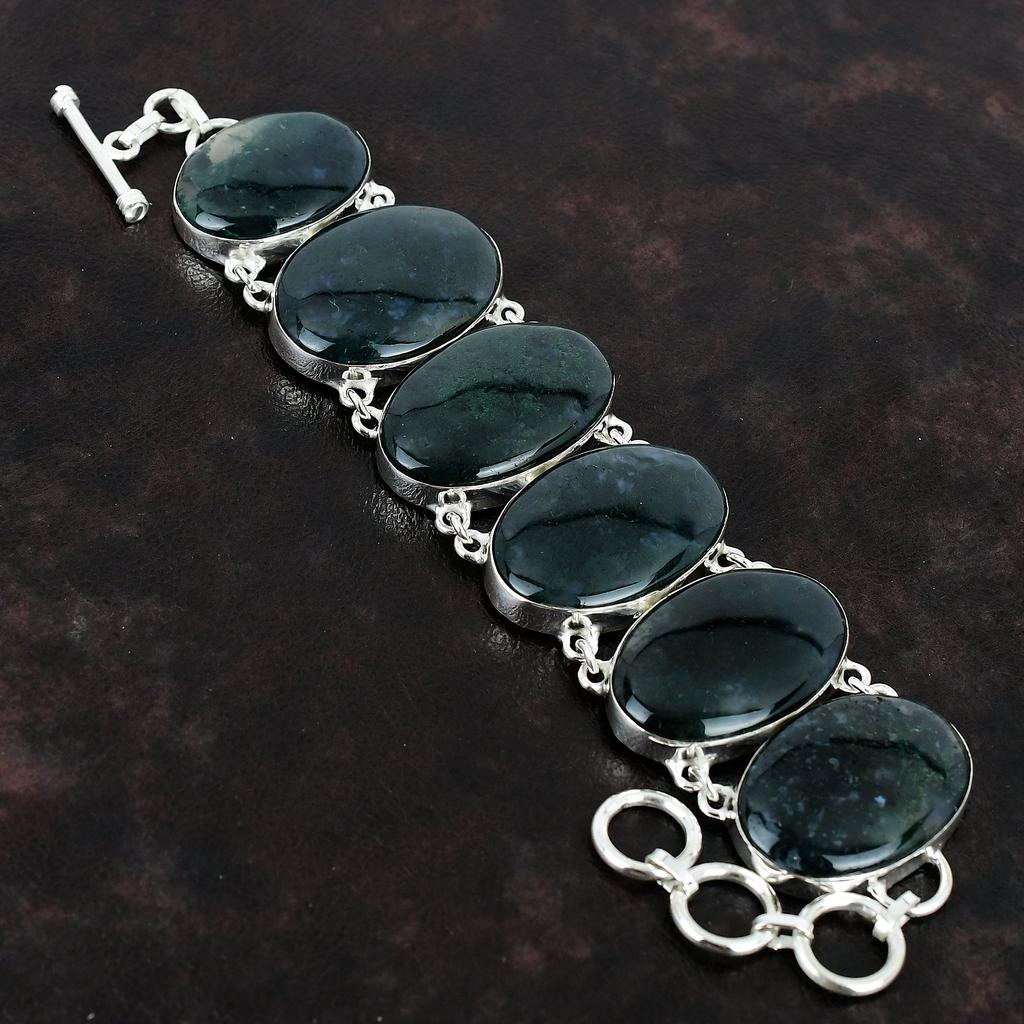 Moss Agate Bracelet Natural Gemstone Bracelet 925 Sterling Silver Bracelet Adjustable Chain Bracelet Handmade Brand New Jewelry Gift For Dad