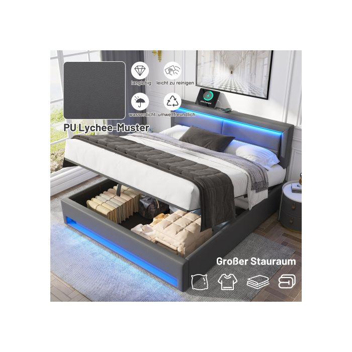 Lit rembourré - MUVOE - 140 x 200 cm - USB - Éclairage LED - Rangement intégré