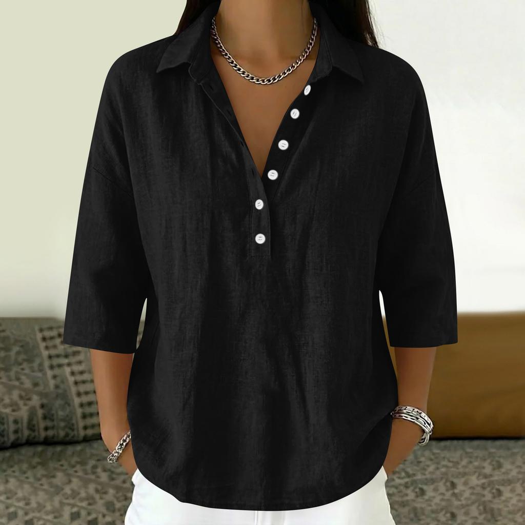 Damen 3/4 Ärmel Knopfleiste Hemdbluse V-Ausschnitt Elegant Lässig Sommerblusen Business Tops Arbeitshemden mit Kragen