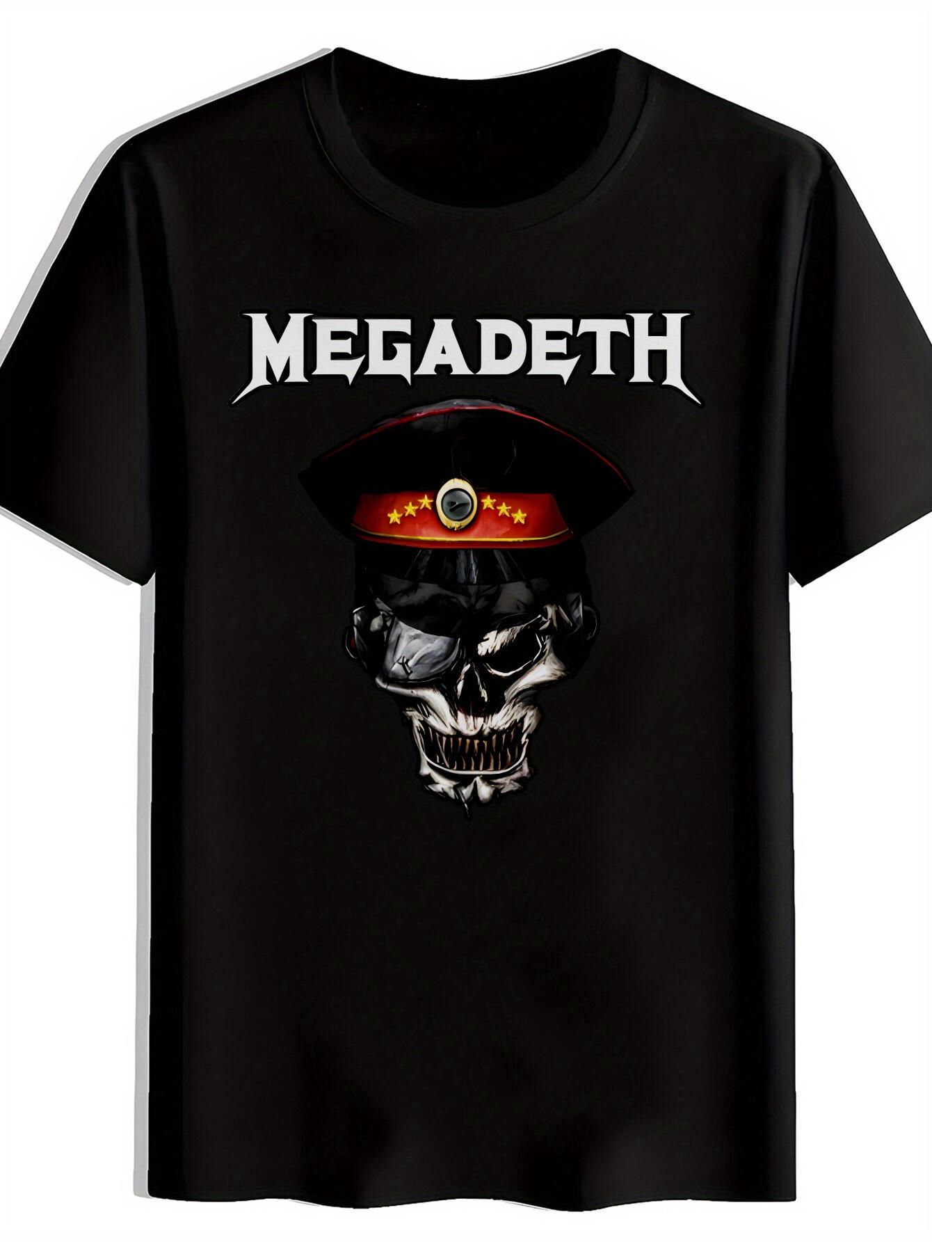Vintage Rock Band Graphic T-shirt - Black Short Sleeve Round Neck Tee with Megadeth Skull Military Design XL
