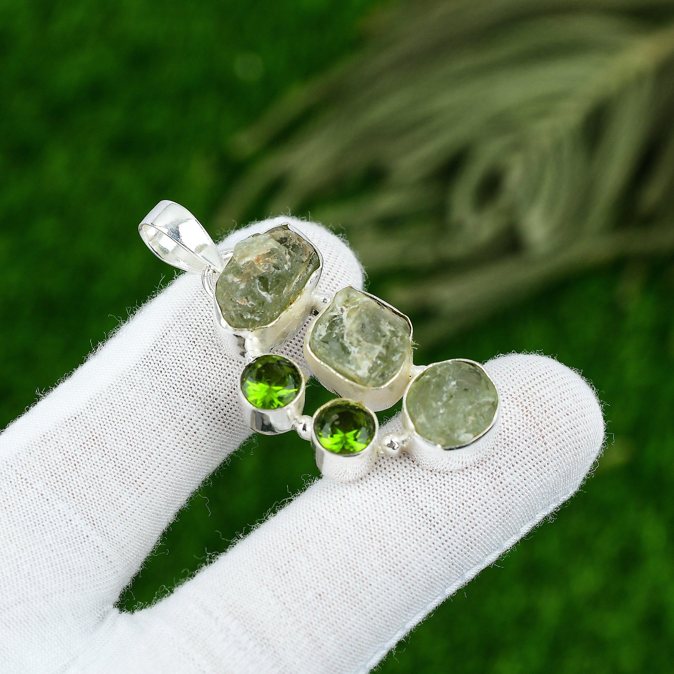 

Prehnite Rough Gemstone Peridot 925 Sterling Silver Elegant Boho Pendant Jewelry