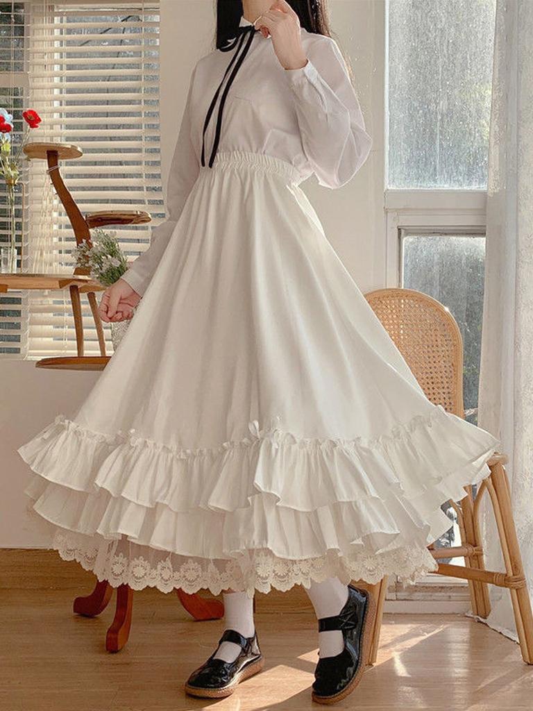Women‘s Lace Long Skirt High Waist Bow Ruffled A-line Skirt Kawaii Japanese Style Vintage Clothing Spring Autumn